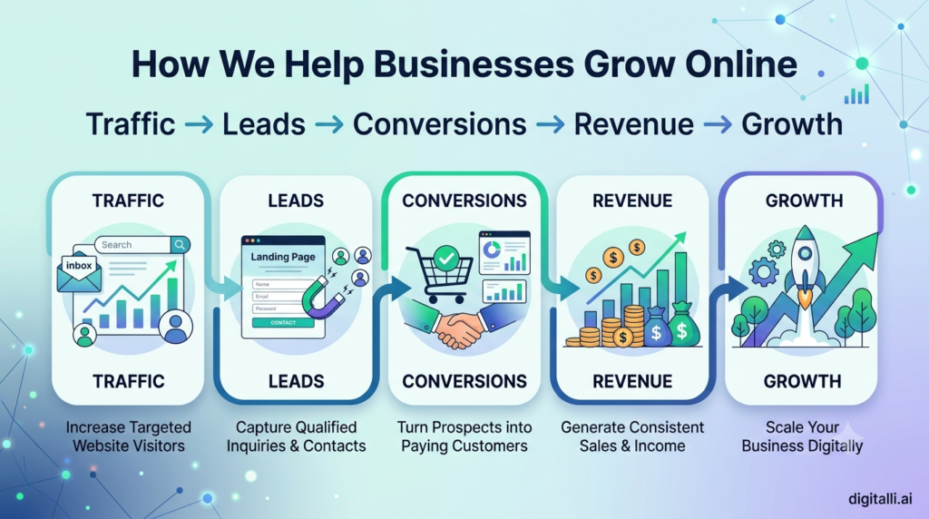 Infographic by digitalli.ai illustrating the 5-step digital marketing funnel: Traffic, Leads, Conversions, Revenue, and Growth.